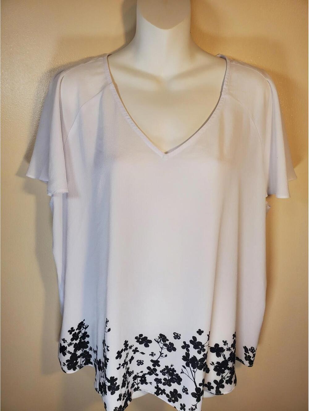 Elle Blouse Xl White, Sheer Black Floral Hem, Bohemian, Cottage Core